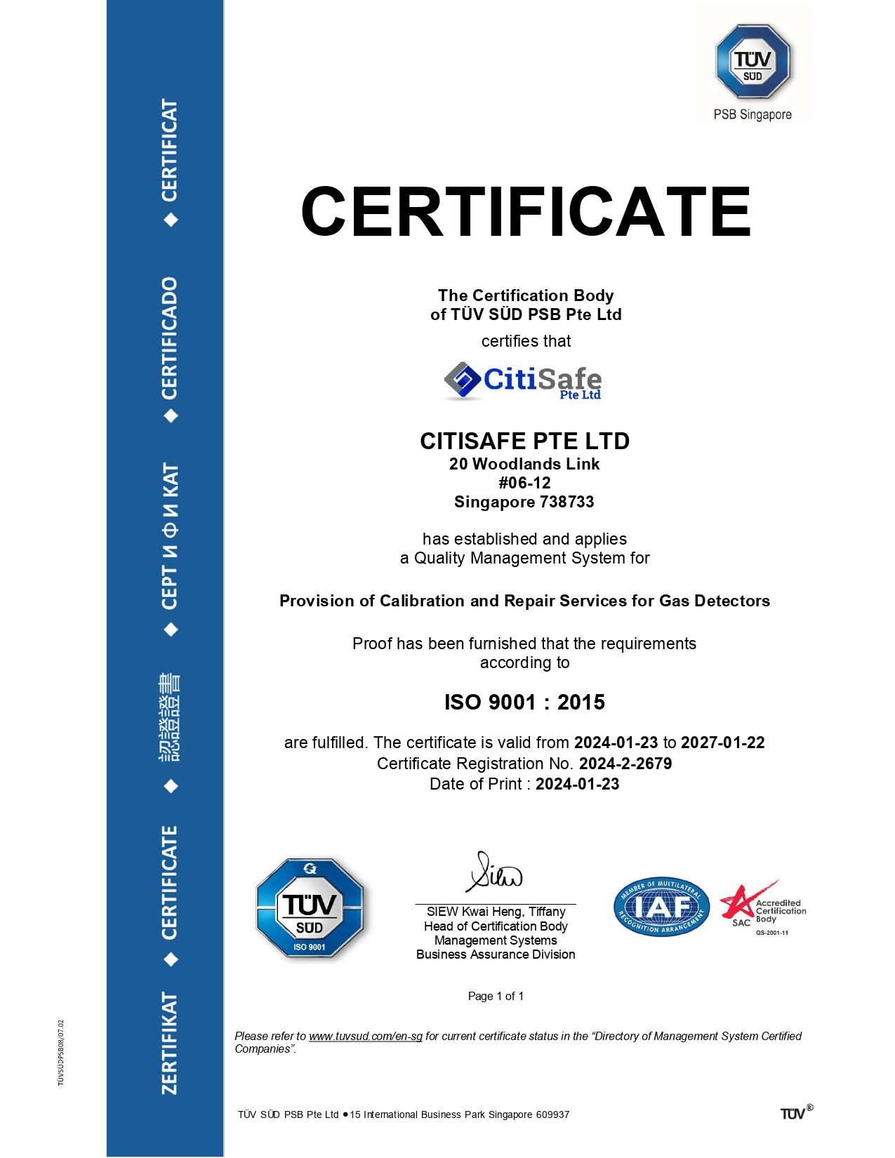 CitiSafe Pte Ltd Achieves ISO 90012015 Certification